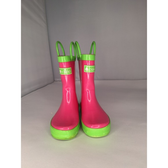 Oaki Kids Rain Boots‎ Pink Green Rubber Pull On Boots Size Toddler - Picture 4 of 9